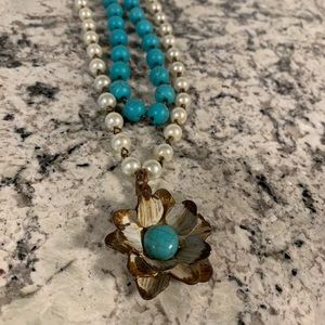 Faux Turquoise & Peal Beaded Necklace